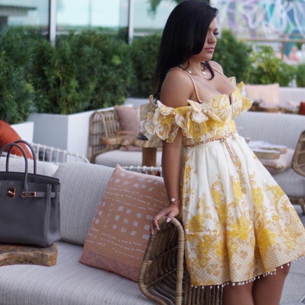 Zimmerman Yellow and White Off-Shoulder Dress